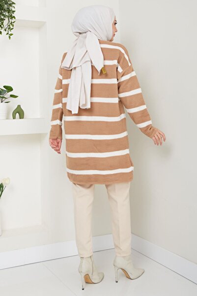 hafsamina Ζακέτα με ραβδώσεις Camel Knitwear - Ριγέ HM2589