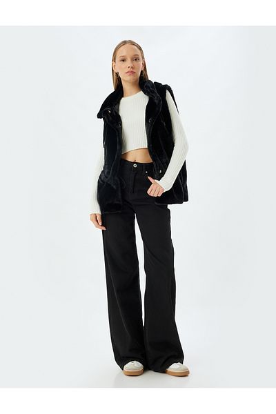 Koton Hooded Snap Button Faux Fur Vest