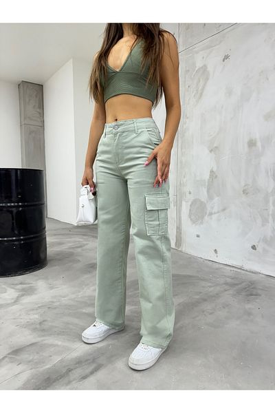 BİKELİFE Pantaloni cargo largi, verde deschis, cu talie înaltă pentru femei