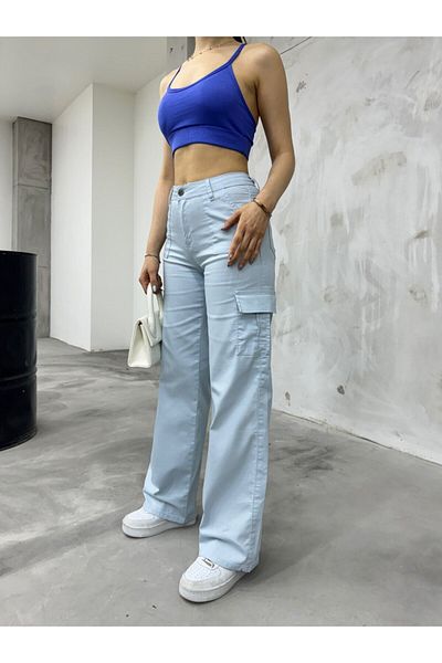 BİKELİFE Babyblaue Cargo-Taschen-Lycra-Hose mit hoher Taille und weitem Bein