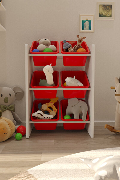 Flinder 6 Sepetli Kırmızı Oyuncak Dolabı, Çok Amaçlı Dolap, Montessori Dolap