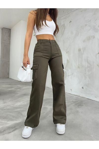 BİKELİFE Khakifarbene Cargo-Hose aus Lycra mit hoher Taille und weitem Bein