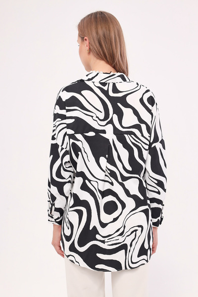 armonika Kadın Siyah Desenli Oversize Uzun Basic Gömlek Arm-22Y001148