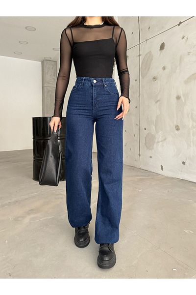 BİKELİFE Marineblaue Damenjeans mit hohem Bund und dehnbarem Lycra und weitem Bein