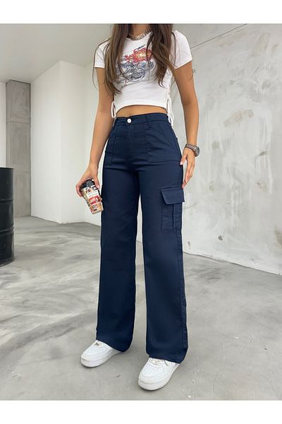 BİKELİFE Navy Blue Cargo Pocket Lycra magas derekú széles szárú nadrág