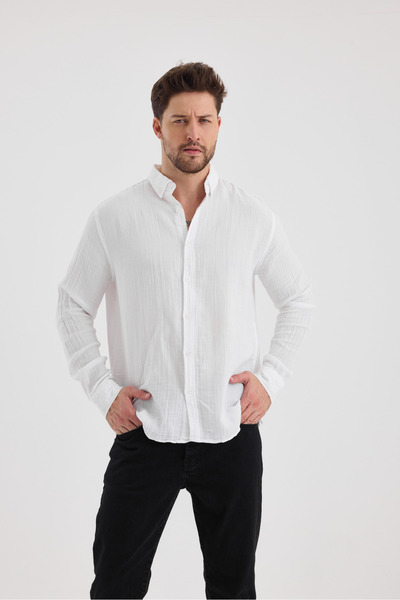 macharel jeans Ανδρικό ύφασμα μουσελίνας 100% βαμβακερό μακρυμάνικο πουκάμισο με άνετη εφαρμογή