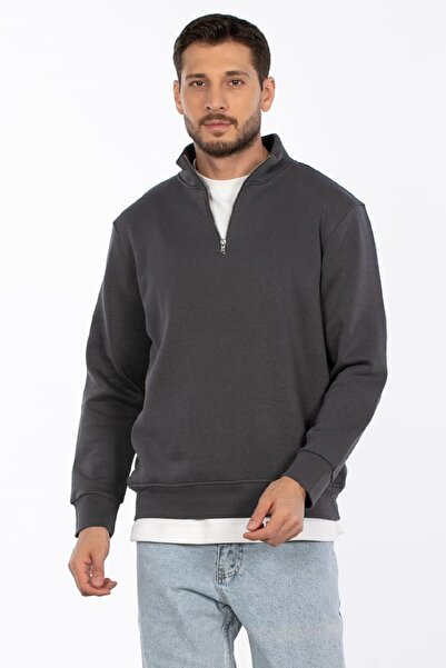 OIL PARK Erkek Antrasit Dik Yaka 3 İplik Şardonlu Yarım Fermuarlı Rahat Kalıp...