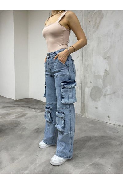 BİKELİFE Blaue Cargohose mit hoher Taille und mehreren Taschen und gerader Passform