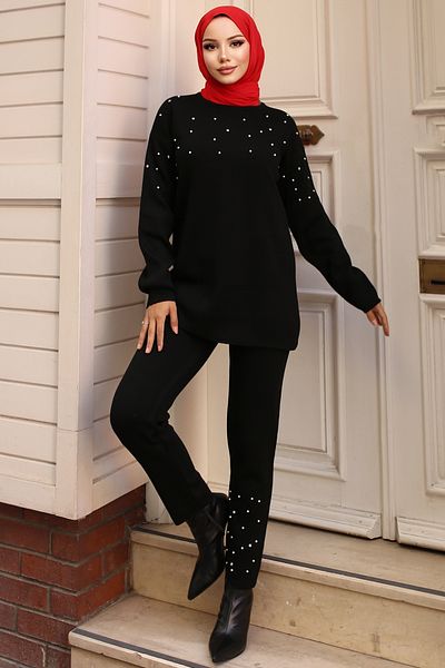 benguen 6205 Stone Detailed Knitwear Set Black