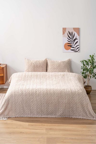 Rivaİstanbul Dali Zigzag Beige Double Jacquard Deluxe Sleeping Set 3 Piece Bedspread Set
