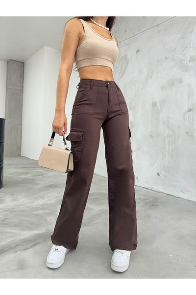 BİKELİFE Braune Cargo-Hose aus Lycra mit hoher Taille und weitem Bein und Tasche