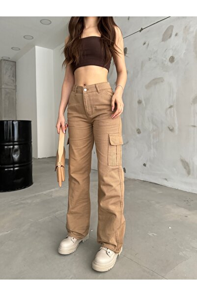 BİKELİFE Women's Mink High Waist Wide Leg Cargo Pants