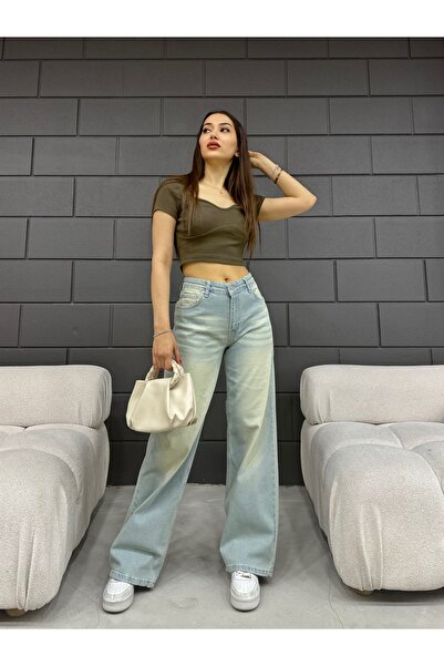 BİKELİFE Vintage High Waist Women's Jeans - Pale Effect Wide Leg
