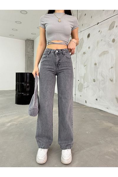 BİKELİFE Women's Gray High Waist Lycra Stretchy Wide Leg Jeans