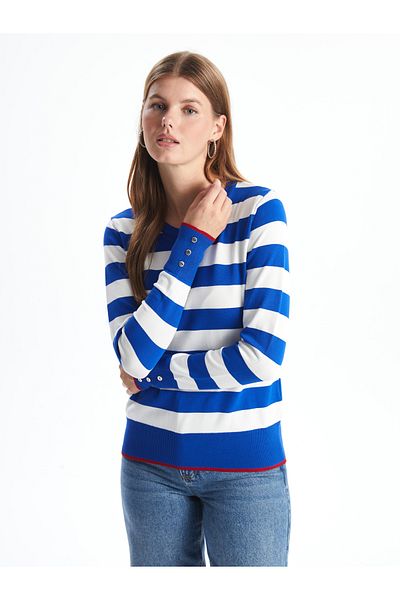 LC Waikiki Basic gestreifter Damen-Strickpullover mit Rundhalsausschnitt und Farbblock
