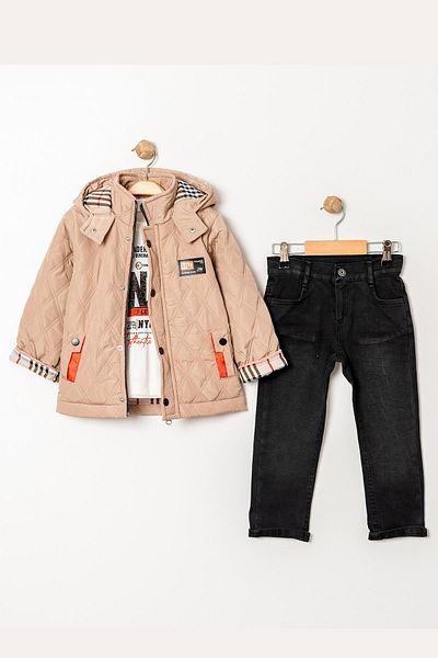 Minik Dolap Hooded Quilted Coat 3-Piece Jeans Set