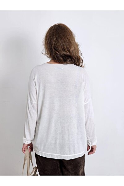 Felix Butik FELİX12707 V Yaka Altın Varaklı İthal Krem Triko Bluz