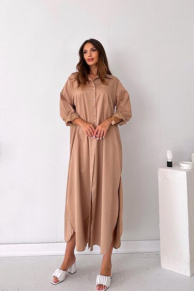 Mine Tan Butik Μπεζ πουκάμισο φόρεμα - με σκίσιμο και λεπτομέρεια τσέπης