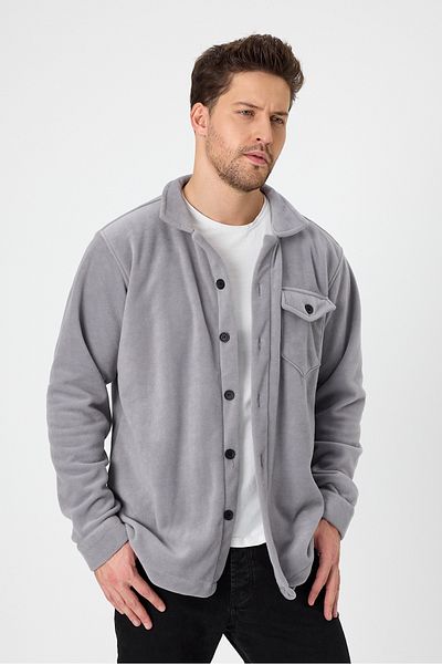 Gray Clothing Winter Seasonal Real Fleece Loose Fit Long Sleeve Oversize Men's Shirt with Pockets Gray