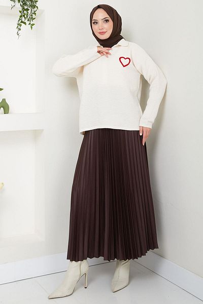 hafsamina Πλεκτό πουλόβερ Polo Neck Heart Embroidered - Cream HM2571