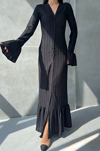 Seda Yalçın Atelier Black Pleated Buttoned Sleeve Detailed Long Dress