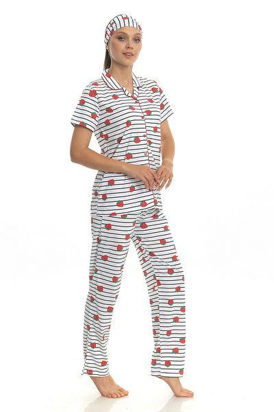 M MOONCOVER Set de pijamale pentru femei 100% bumbac imprimat cu model de căpșuni Partea de jos