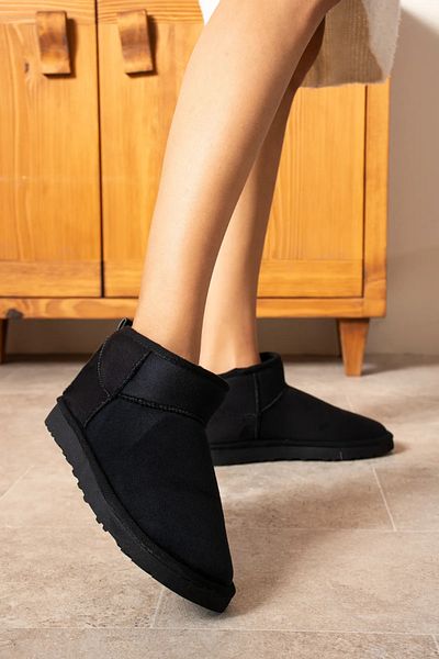 Nexs Mini Black Suede Ankle Boots with Furry Inside Flat Sole Women's Shoes