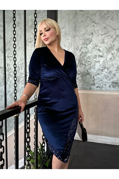 Butik Nilyam Women's Plus Size Double Breasted Collar Three Quarter Sleeve Skirt Sleeve Package Detailed Velvet Midi Evening Dress 24632