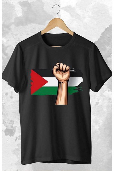 Pink Sky Palestine Printed μαύρο Unisex Oversize T-shirt - Tshirt