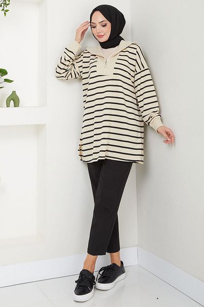 hafsamina Black Striped Zippered Sweatshirt Tunic - Hm2592