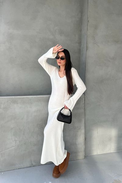 Seda Yalçın Atelier Ecru V-Neck Split Detailed Knitwear Long Dress