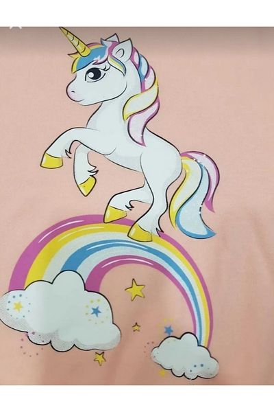 comotomo Girl's Salmon Pink Pony Unicorn Patterned Seasonal Bottom Top Home Wear Pajama Set