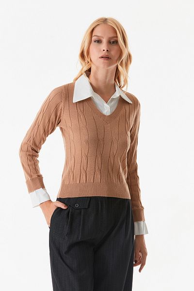 Fulla Moda Πλεκτό πουλόβερ - Μαλλιά πλεκτά και λεπτομέρεια πουκάμισου