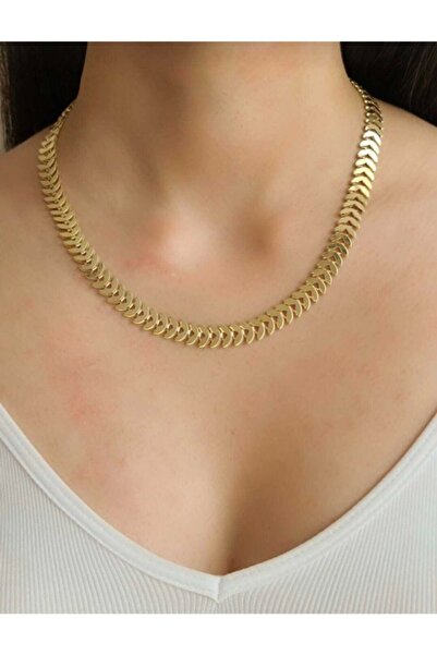 BERS AKSESUAR Kadın Gold Renk Kararmaz Altın Kaplama Balık Sırtı Kolye