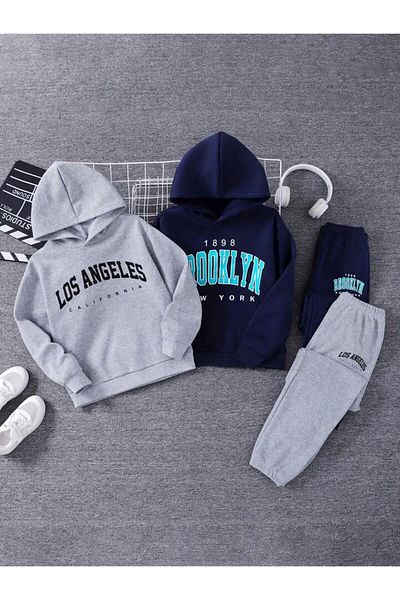 MORNİNG KİDS Girl-Boy 4-Piece Hooded Los Angeles-Brooklyn Printed Sweatshirt-Tracksuit Set (Grey Navy)
