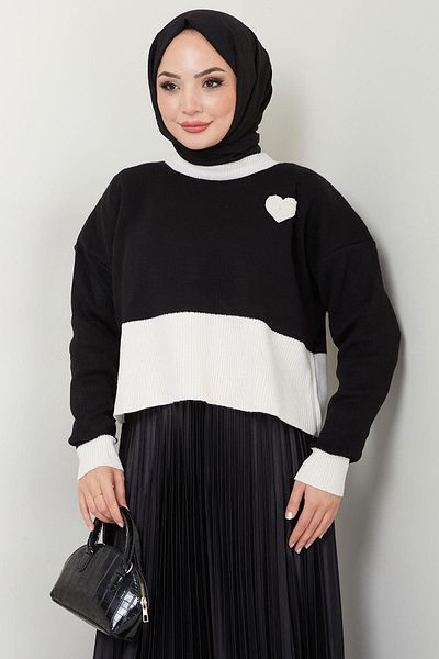 hafsamina Μαύρο Crop Πουλόβερ - Καρδιά Λεπτομέρεια, Δύο Χρώματα HM2575