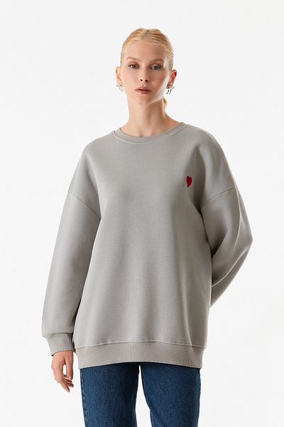 Fulla Moda Crew Neck Oversize Heart Embroidered Sweatshirt