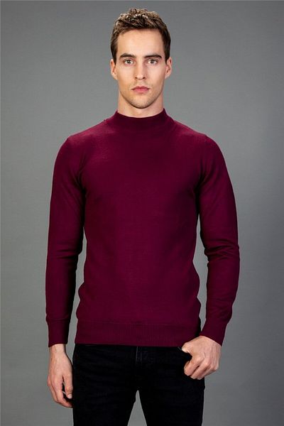Tudors Pulover pentru bărbați, slim fit, cu jumătate de gât țesut, tricotaj, roșu claret