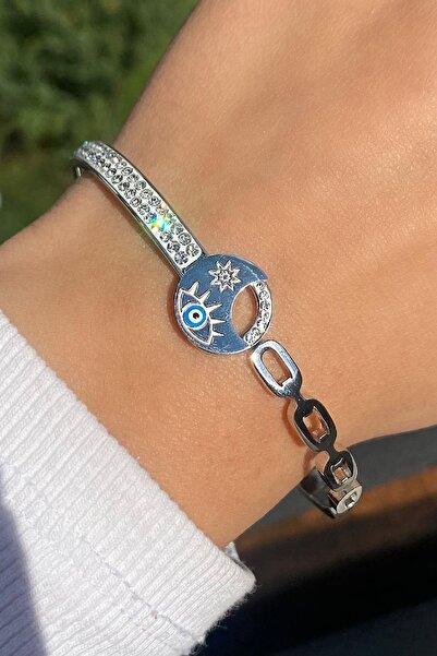 TAKIŞTIR Gümüş Renk Nazar Boncuk Figürlü Taş Detaylı Çelik Kelepçe Bileklik