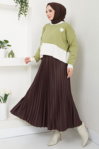 hafsamina Pistachio Green Hm2575 - Two Color Crop Sweater with Heart Detail