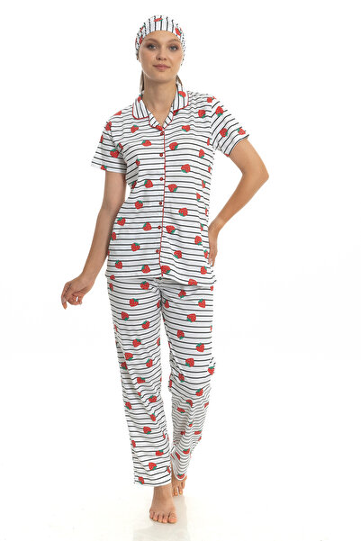 M MOONCOVER Set de pijamale pentru femei, 100% bumbac, cu model de căpșuni, cu imprimeu