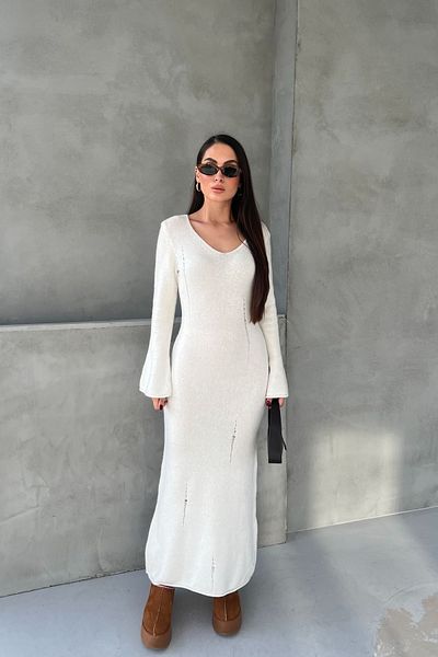 Seda Yalçın Atelier Ecru V-Neck Split Detailed Knitwear Long Dress