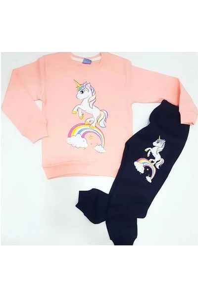 comotomo Girl's Salmon Pink Pony Unicorn Patterned Seasonal Bottom Top Home Wear Pajama Set