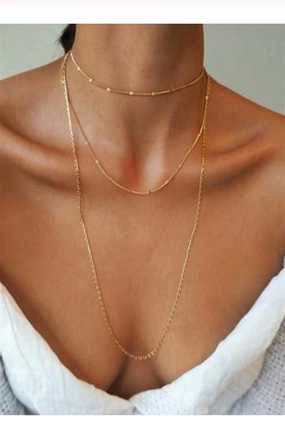 BERS AKSESUAR Kadın Üçlü Şeri Zincir Kolye Gold Kaplama Katmanlı Kolye Choker...