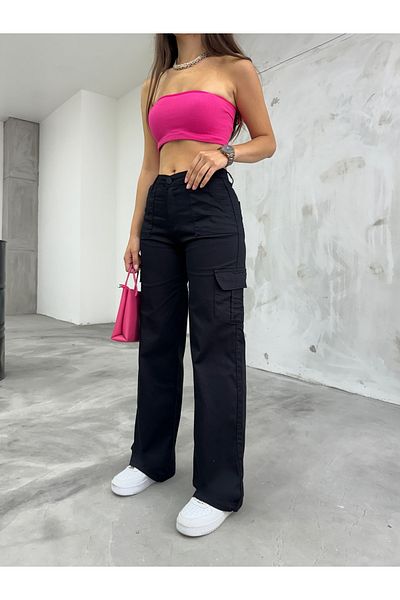 BİKELİFE Schwarze Lycra-Hose mit hoher Taille und weitem Bein und Cargotaschen
