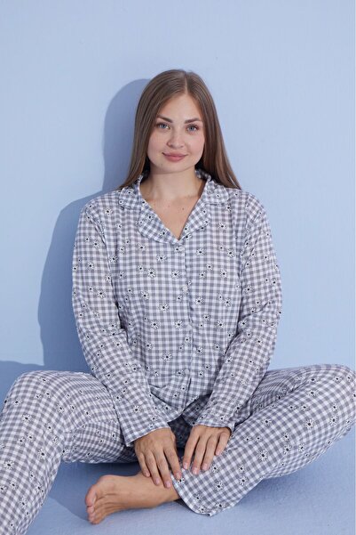 PİJAMOOD Kadın Battal Beden Baskılıuzun Kollu Pamuklu Önden Düğmeli Pijama Takımı