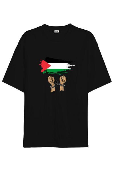 Pink Sky Μπλουζάκι με στάμπα Palestine μαύρο Unisex Oversize – Tshirt46