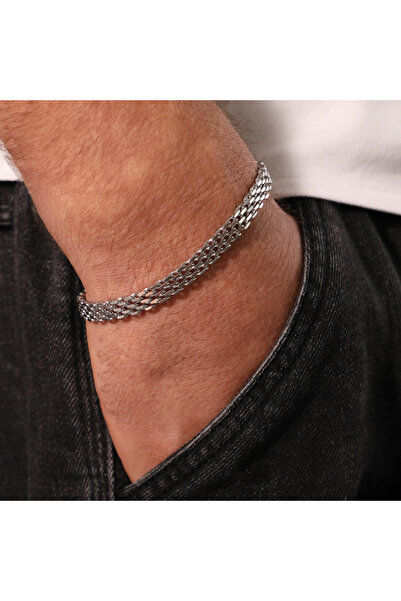 FOURSOLOS Çelik Erkek Bileklik, Gümüş Renk, Modern Kalın Zincir, No:32