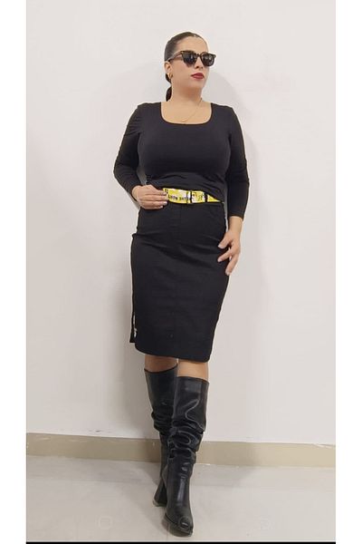 AKŞEN GİYİM Plus Size Women's Skirt - Lycra Cotton, Linen, Elastic Waist, Belt and Short Linen with Stone Detail