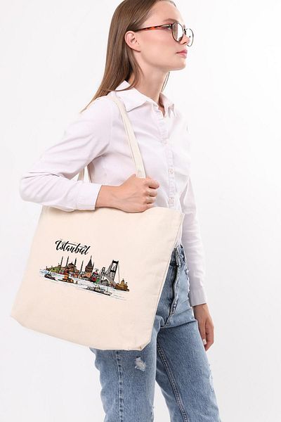 Çınar Bez Çanta Canvas Horizontal Colored Istanbul Printed Cloth Bag